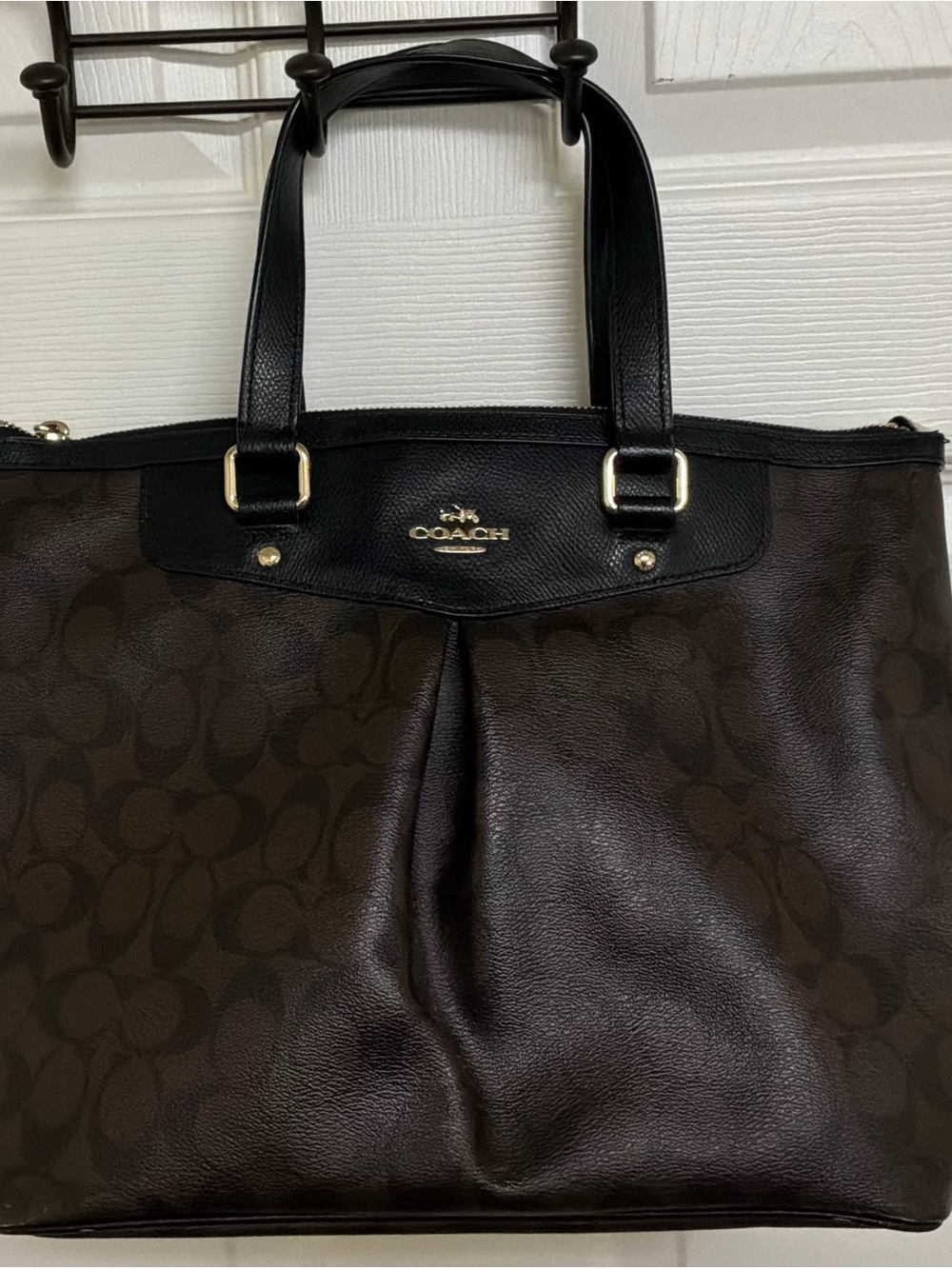 EUC-Coach Dark Brown Signature Tote with Black Leather Trim and Gold Hardware